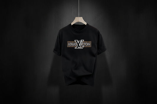 Black sweatshirt with Louis Vuitton logo on a hanger in an elegant room.